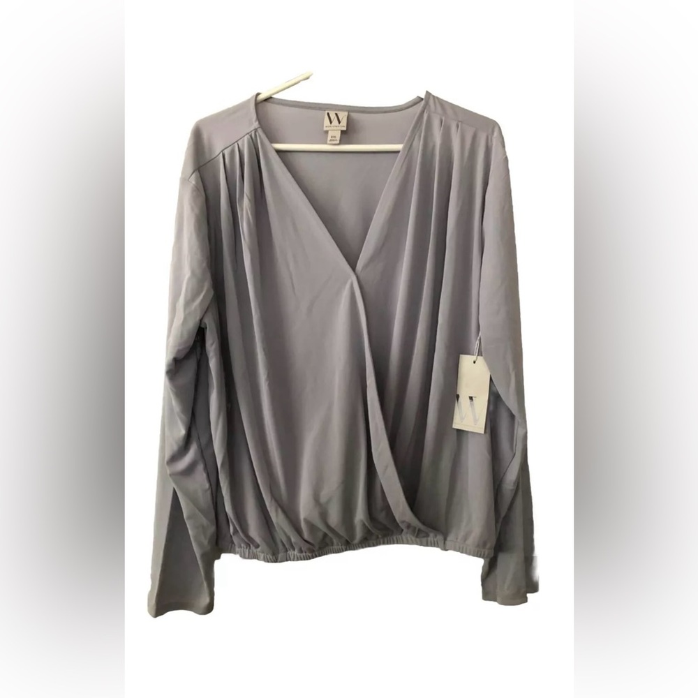 Worthington Women’s Gray Long Sleeve Crop Top Cris Cross Blouse